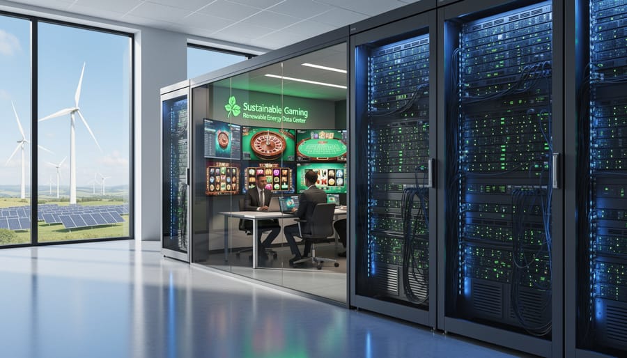 Modern data center server racks with LED lights in professional facility