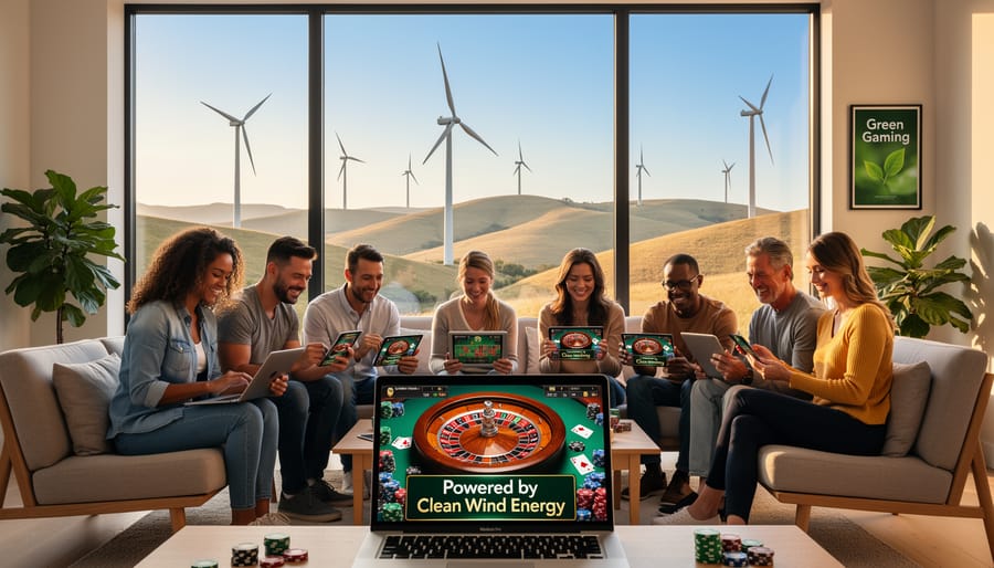 Person using smartphone to play online casino games in eco-friendly home setting