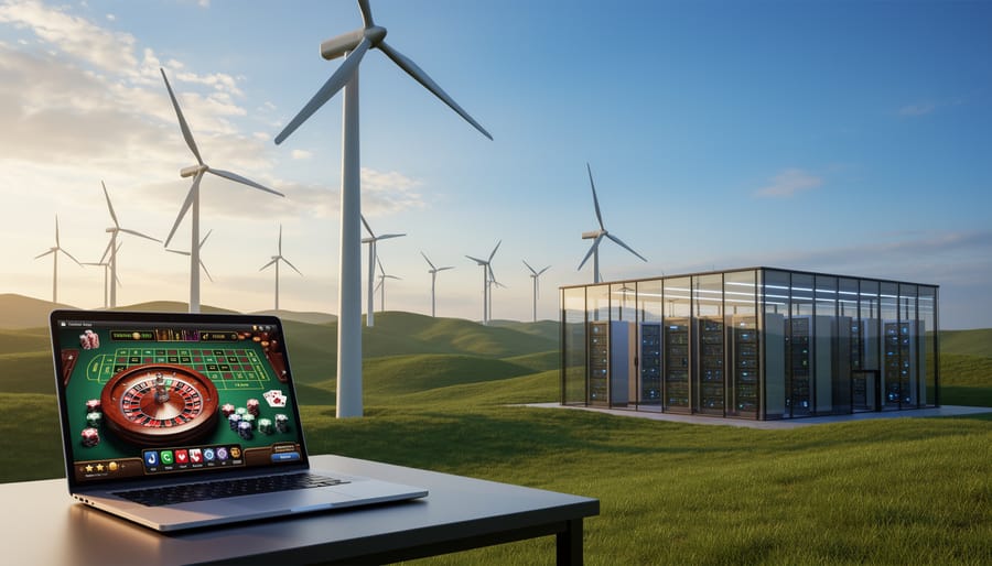 Large wind turbines against blue sky generating renewable electricity