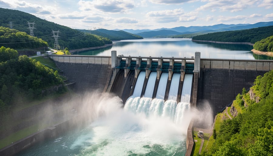 Hydroelectric dam with water flowing through spillways surrounded by forested landscape