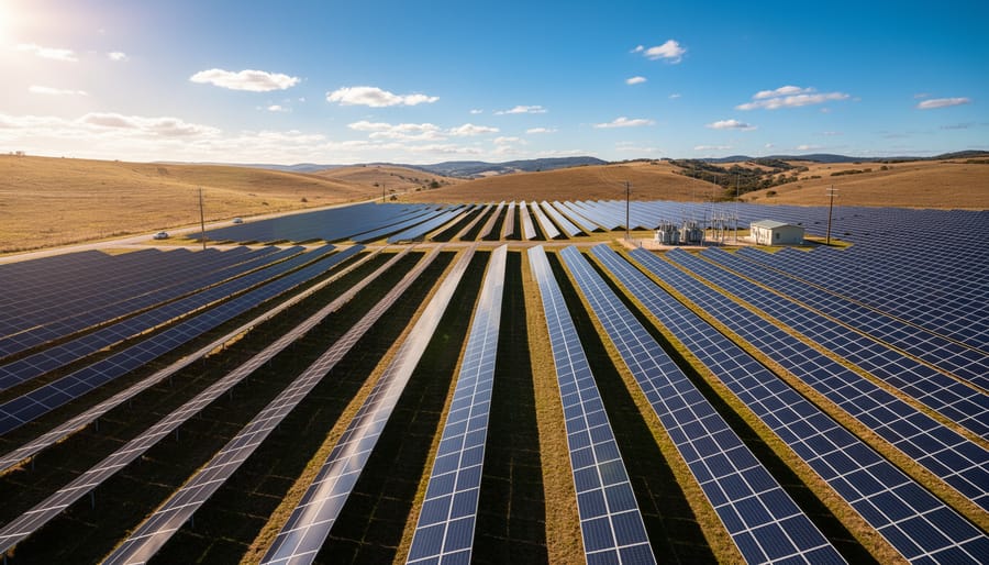 Aerial view of large solar panel farm with rows of photovoltaic panels extending across landscape