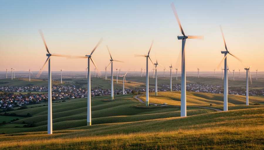 Wind turbines standing in green farmland against blue sky during golden hour