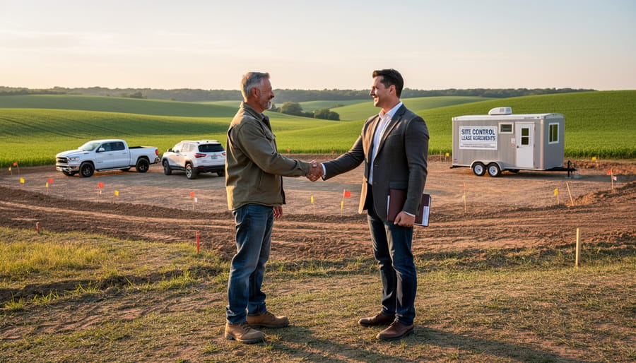 Landowner and developer shaking hands outdoors with wind turbines blurred in the distance.