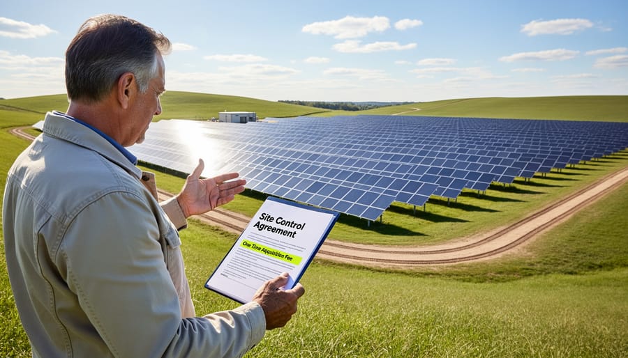 Person standing near a solar farm with panels and fencing in clear view during golden hour.