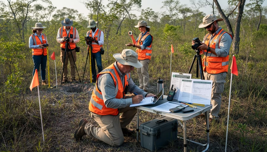Wildlife survey conducted near wind turbines with binoculars and a clipboard.