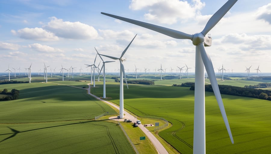 Wind turbines standing on a ridge under an overcast sky.