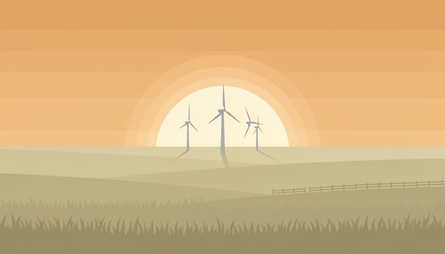 Prairie grass in golden hour light with a distant wind turbine silhouette on the horizon