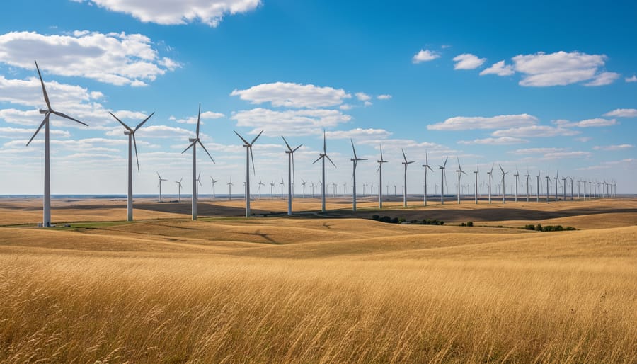Wide view of modern wind turbines on the Kansas prairie under an overcast sky
