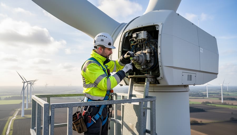 Technician inside a wind turbine nacelle inspecting mechanical components