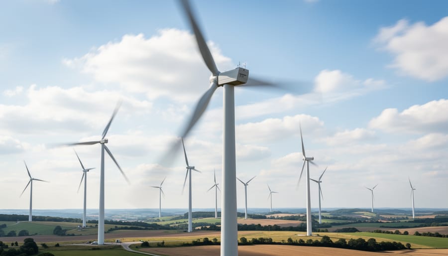 Close view of a wind turbine with blades in motion under an overcast sky