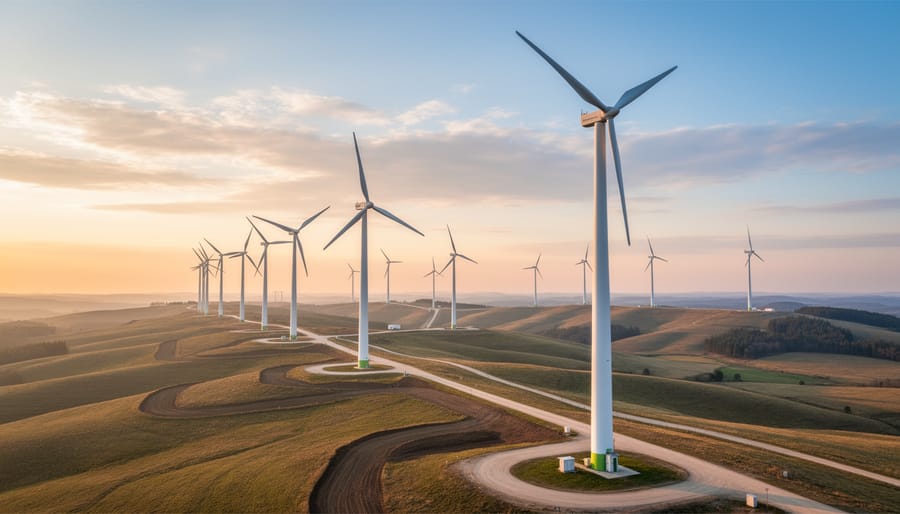 Wide view of wind turbines on a renewable energy site under an overcast sky