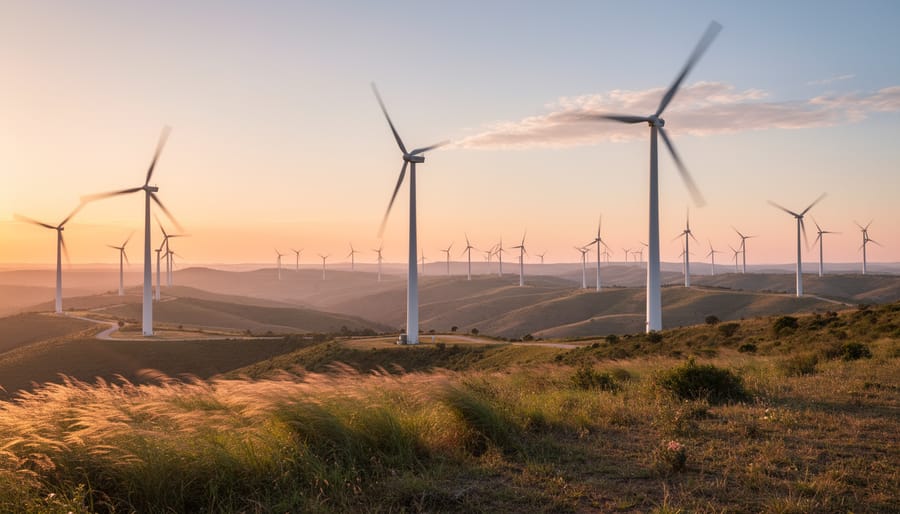 Wind turbines on a ridge generating electricity under golden hour lighting