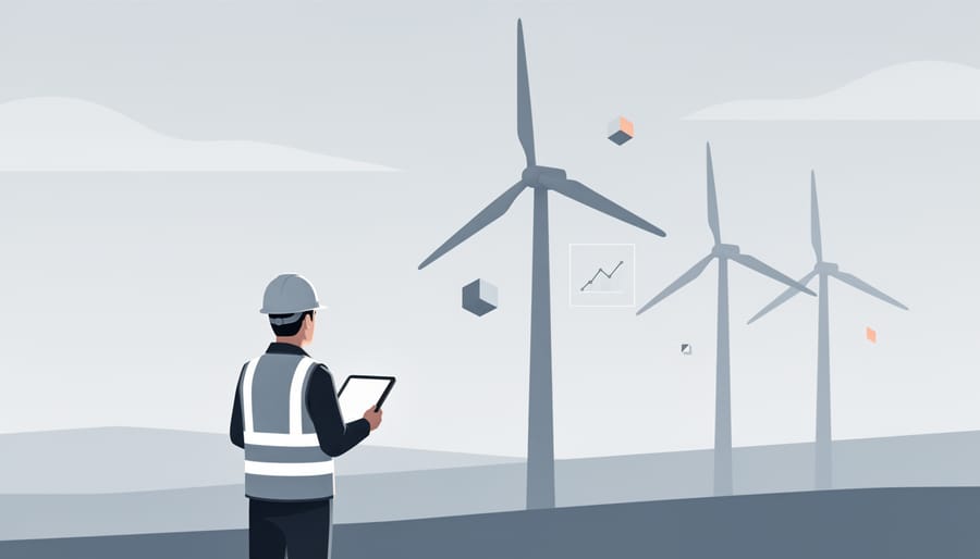 Wind energy technician standing near wind turbine access platform under soft daylight