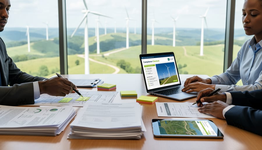 Gloved hands reviewing documents and using a tablet near a wind turbine access road