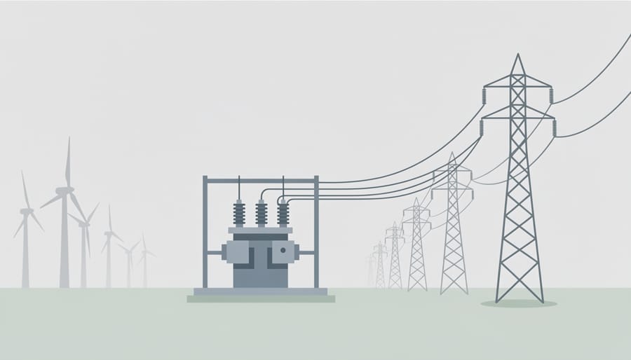 Wind turbines on the horizon with an electric substation and transmission lines in the foreground