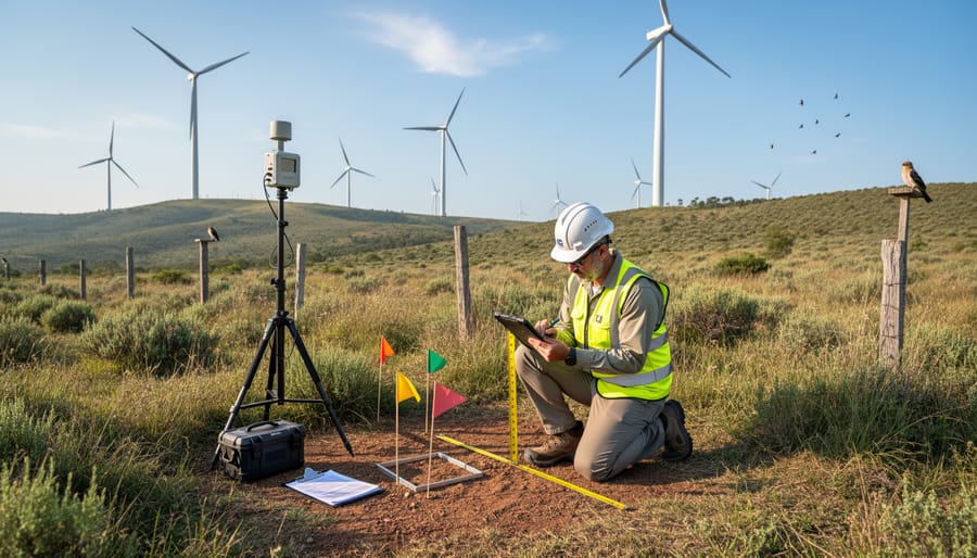 Environmental researcher conducting wildlife monitoring near a wind turbine site