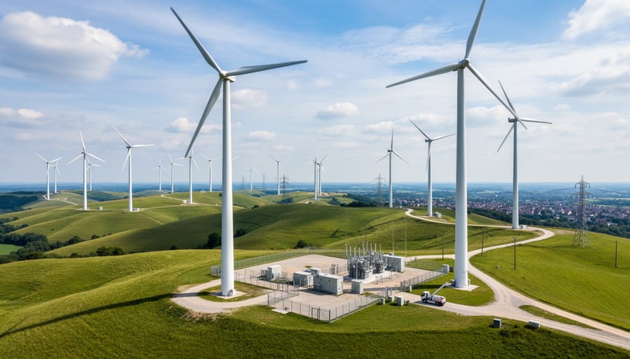 Wind turbines on a landscape under an overcast sky